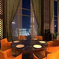 Elegant Restaurant Interior With Round Dining Table White Plates Orange Chairs Large Windows Night View