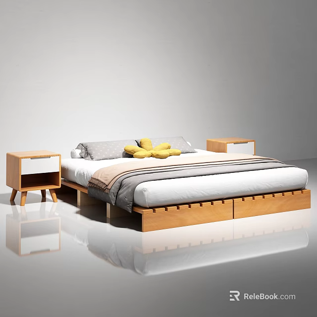 Modern Minimalist Double Bed With Wooden Frame Gray Yellow Pillows And Nightstands Drawer Storage 3d model 