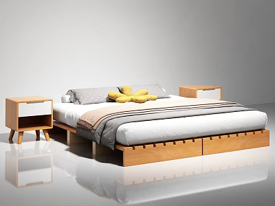 Modern Minimalist Double Bed With Wooden Frame Gray Yellow Pillows And Nightstands Drawer Storage 3d model