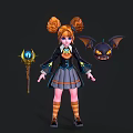 Anime Game Character With Orange Pigtails Black Coat Gray Skirt Eye Symbol Back Pumpkin Bat