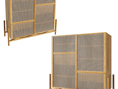 Modern Wooden Sideboard with Rattan Grid Design and Natural Storage Space 3d model