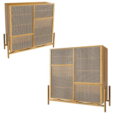 Modern Wooden Sideboard with Rattan Grid Design and Natural Storage Space 3d model