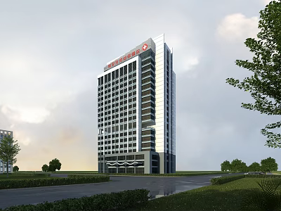 Modern Hospital High Rise Building With Red Logo Green Trees And Road 3d model