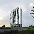 Modern Hospital High Rise Building With Red Logo Green Trees And Road