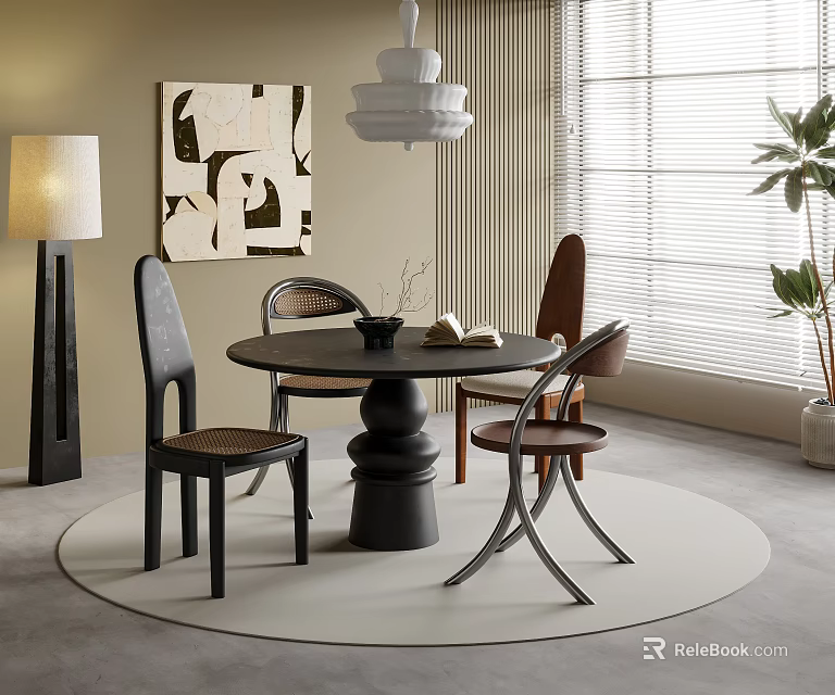 Modern Restaurant Dining Area With Round Black Table Stylish Chairs Abstract Painting And Pendant Light 3d model 