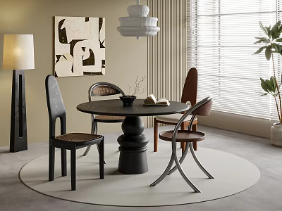 Modern Restaurant Dining Area With Round Black Table Stylish Chairs Abstract Painting And Pendant Light 3d model