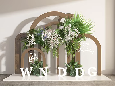 Beautiful Floral Installation Design With Wooden Arch Green Foliage And White Flower Decor 3d model