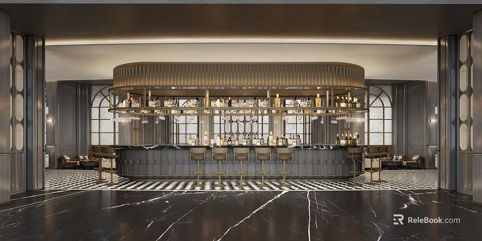 Hotel Public Lounge Area Interior With Curved Gold Bar Marble Floor And Arched Windows 3d model 