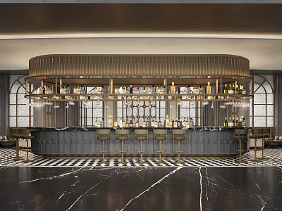 Hotel Public Lounge Area Interior With Curved Gold Bar Marble Floor And Arched Windows 3d model