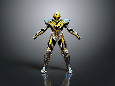 Golden And Black Armored Warrior Character In Sci Fi Standing Pose With Shiny Metallic Details 3d model