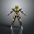 Golden And Black Armored Warrior Character In Sci Fi Standing Pose With Shiny Metallic Details