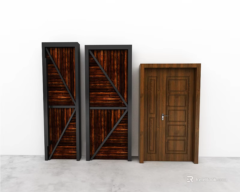 Modern Industrial And Classic Wooden Doors With Metal Frames And Panels 3d model 