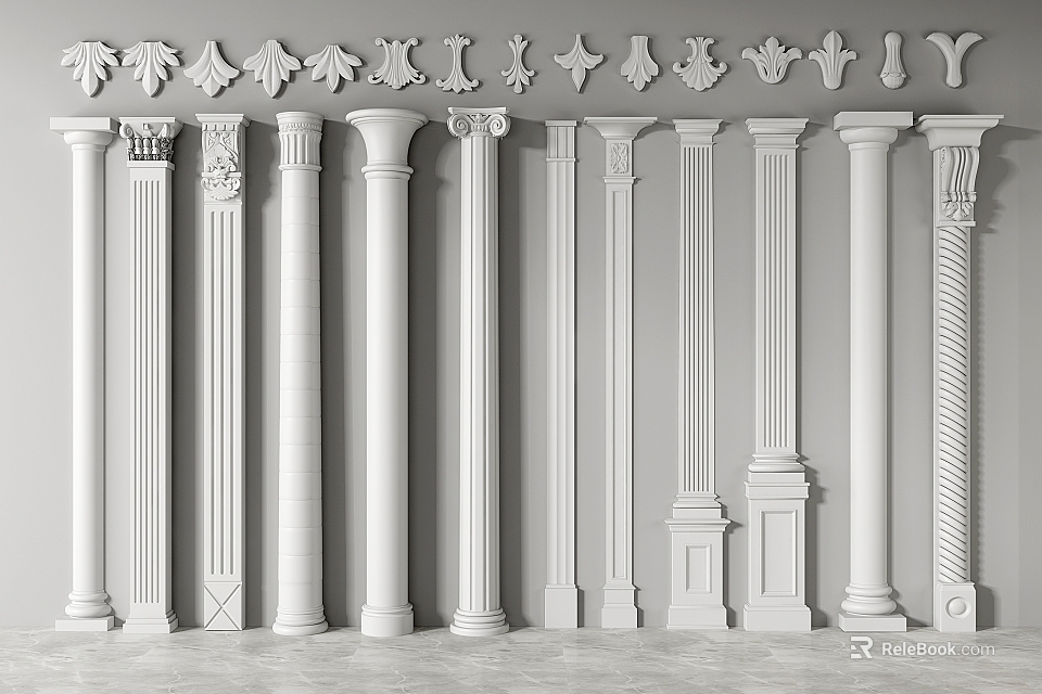 Ornate White Roman Columns With Various Designs 3d model 