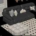 Black Leather Loveseat With Decorative Pillows And Brown Blanket In Cozy Living Room Snowy View