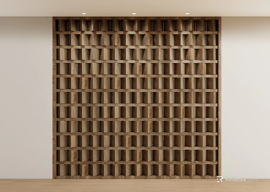 Wooden Partition With Grid Lattice Design For Modern Interior White Walls Light Flooring 3d model 