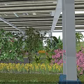 Scenic Road Facility With Covered Roof Beams Columns And Colorful Flowers Trees Palms