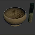 Tableware Set Featuring Golden Hammered Bowl And Wooden Container With Blue Lid