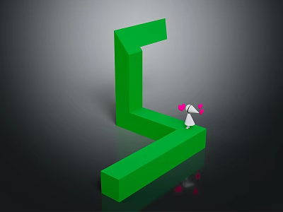 Cartoon Scene Featuring Green Geometric Structure Small White Character With Pink Decorations On Black Background 3d model