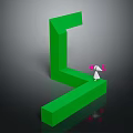 Cartoon Scene Featuring Green Geometric Structure Small White Character With Pink Decorations On Black Background