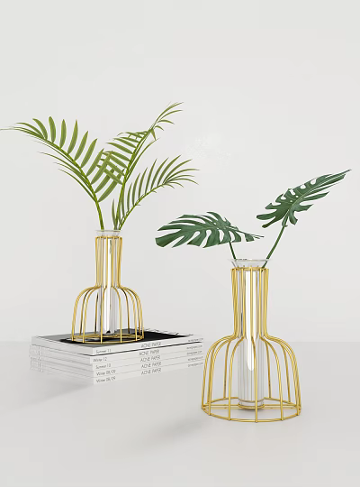 Decorative Gold Metal Frame Vases With Fern And Monstera Leaves On White Background 3d model