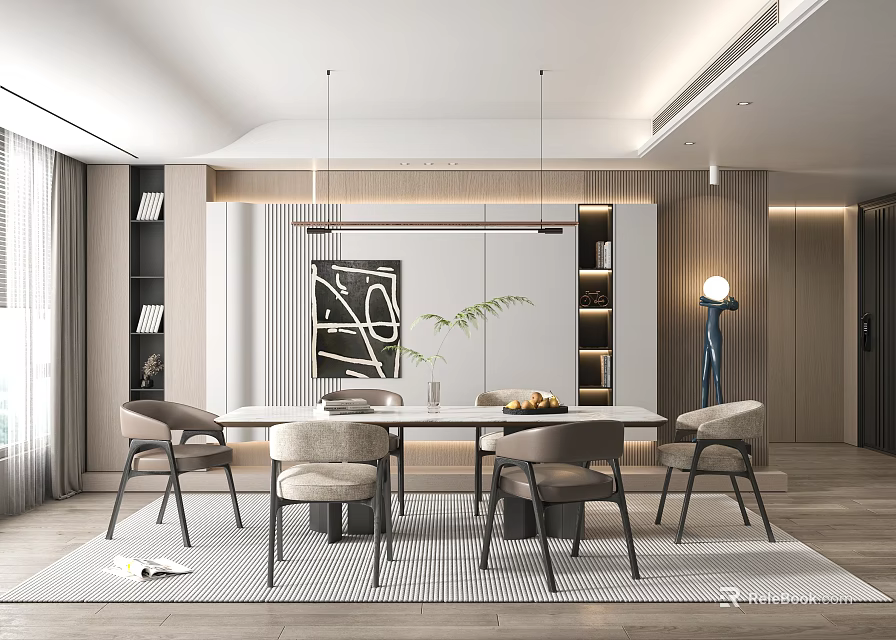 Modern Dining Room Interior With Rectangular Table Chairs Pendant Lights And Decorative Art 3d model