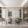 Modern Dining Room Interior With Rectangular Table Chairs Pendant Lights And Decorative Art 3d model