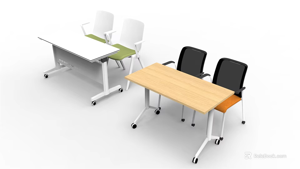 Modern Conference Tables with Green and Black Chairs on Wheels Wooden and White Tops 3d model 