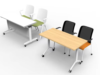 Modern Conference Tables with Green and Black Chairs on Wheels Wooden and White Tops 3d model