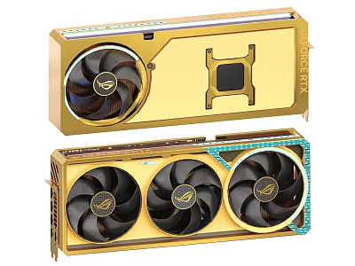 High Performance Gaming Graphics Card With Golden Case Multiple Fans And ROG Logo 3d model
