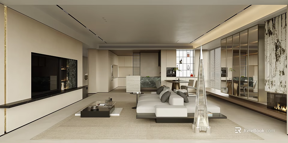Modern Living Dining Room With TV Wall White Sofa Gray Cushions Coffee Table Large Windows 3d model 
