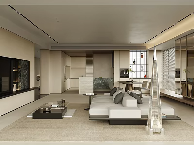 Modern Living Dining Room With TV Wall White Sofa Gray Cushions Coffee Table Large Windows 3d model