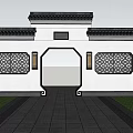 Chinese Style Scenic Wall With Arched Doorway Lattice Windows And Sunset Lake View