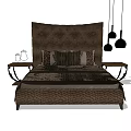 Double Bed with Brown Textured Headboard Plush Bedding and Nightstands with Hanging Pendant Lights