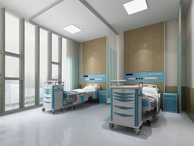 Modern Spacious Hospital Ward Interior With Patient Beds Medical Carts And Large Windows 3d model