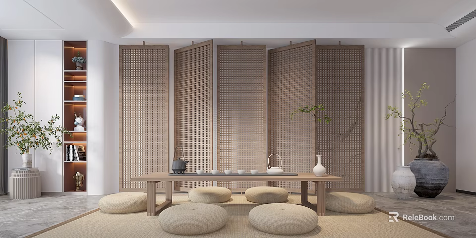 Minimalist Tea Room Interior With Bamboo Screen Wooden Table Round Cushions And Tea Set 3d model 