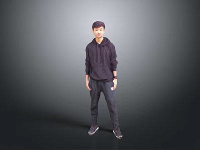 Child Standing In Dark Hoodie And Dark Pants Against Grey Background 3d model