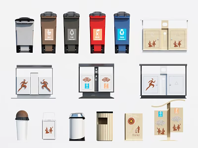 Public Waste Sorting Facilities Including Color Coded Trash Bins And Recycling Signs 3d model