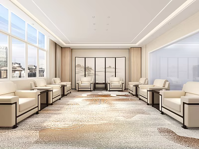 Modern Conference Room Interior With Large Windows City View Beige Sofas And Carpet 3d model
