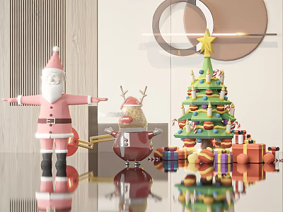 Christmas Inflatable Decorations with Pink Santa Claus Reindeer and Green Christmas Tree 3d model