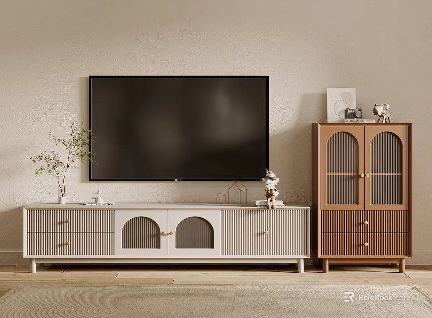 White TV Stand With Arched Doors Drawers Brown Accent Cabinet Decorative Items And Green Plant 3d model 