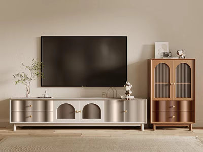 White TV Stand With Arched Doors Drawers Brown Accent Cabinet Decorative Items And Green Plant 3d model