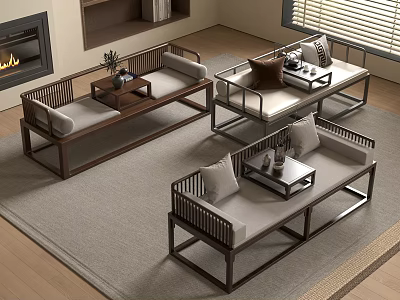 Traditional Chinese Daybed Set With Solid Wood Frame In Cozy Living Room 3d model