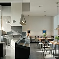 Modern Restaurant Interior With Dining Tables Chairs Pendant Lights And Open Kitchen