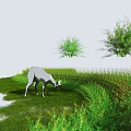 Green Shrubs in Natural Landscape With Deer Grazing on Lush Green Grass and Plants
