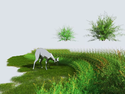 Green Shrubs in Natural Landscape With Deer Grazing on Lush Green Grass and Plants 3d model