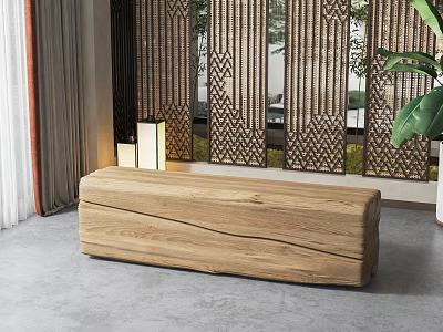 Public Chair With Natural Solid Wood Design In Indoor Space Decorative Screen And Green Plant 3d model