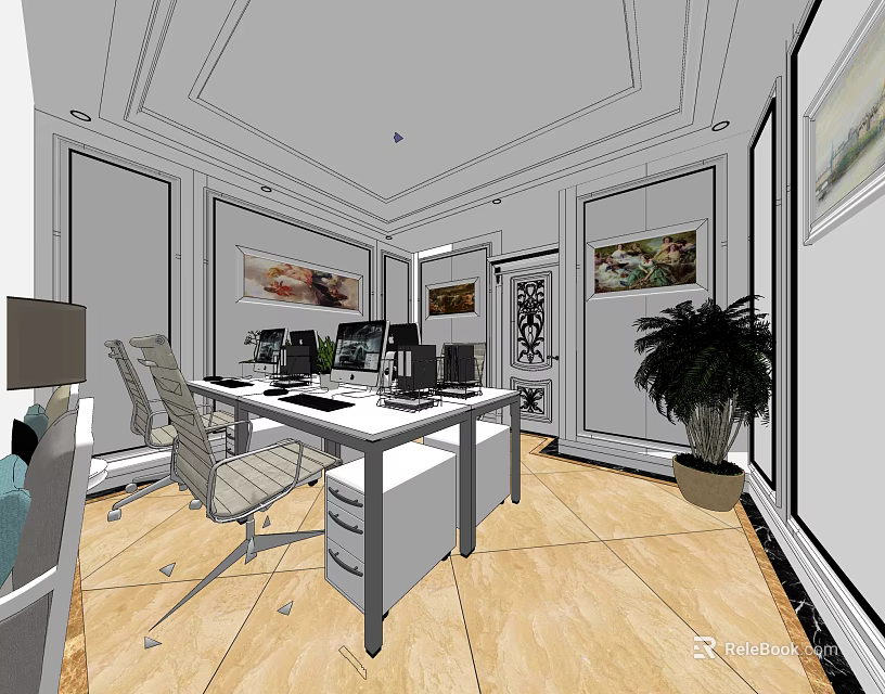 Modern Public Office Space with Desks Computers Chairs Decorative Paintings Potted Plant And Wooden Flooring 3d model 