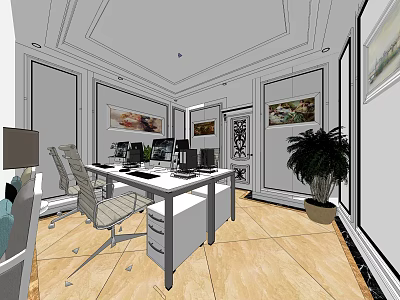 Modern Public Office Space with Desks Computers Chairs Decorative Paintings Potted Plant And Wooden Flooring 3d model