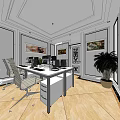Modern Public Office Space with Desks Computers Chairs Decorative Paintings Potted Plant And Wooden Flooring