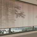 Chinese Style Curtain With Tree Pattern And Lake View Window With Green Plant